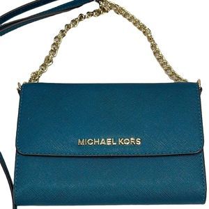 Michael Kors Jet Set Cross Body Wallet Cross Body Bag Purse Blue / Green Chain